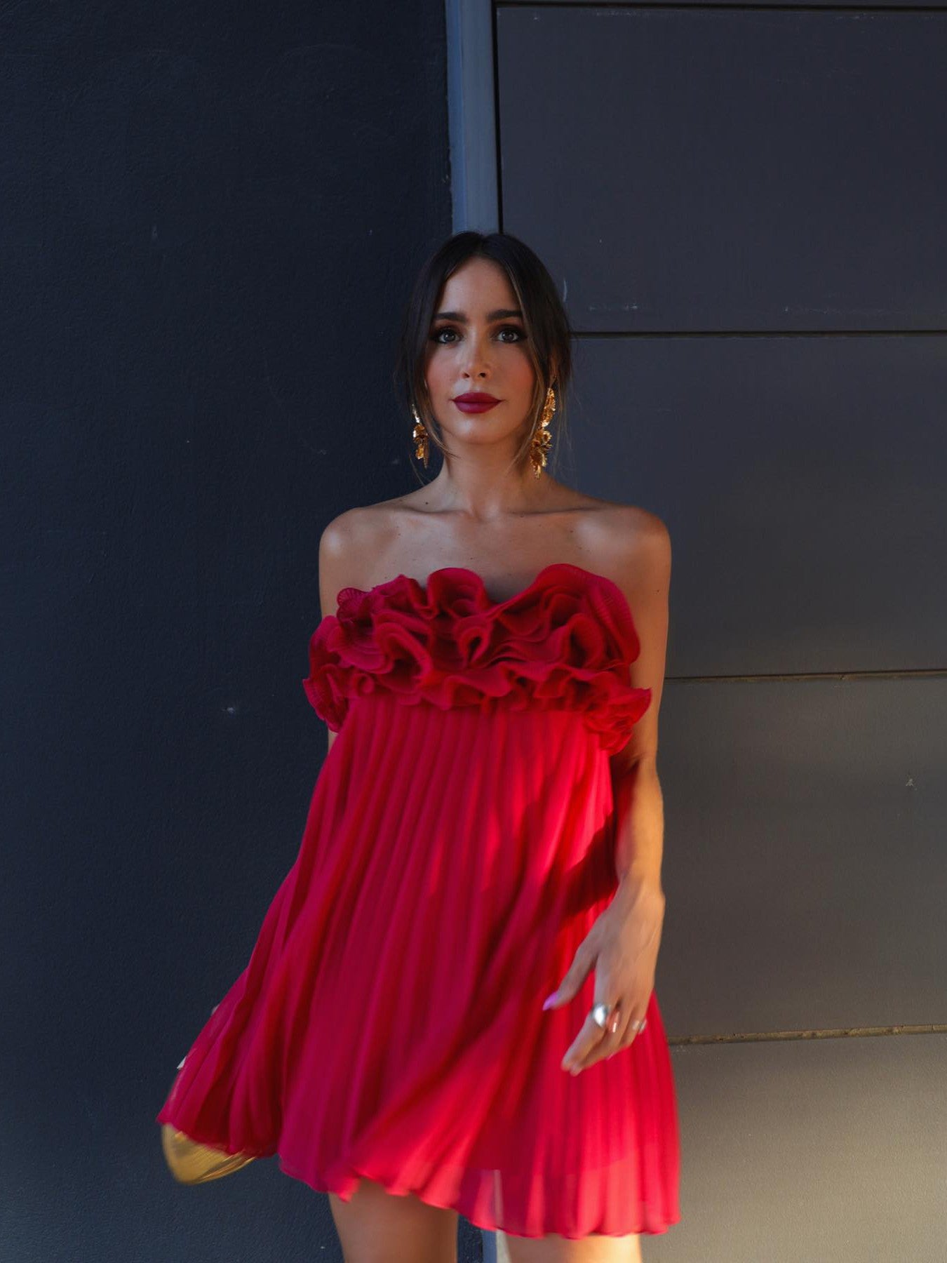 Pleated Short Red Tube Applique Dress