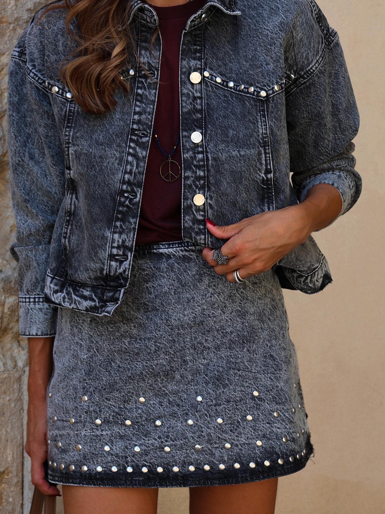 Black Denim Studded Jacket & Skirt Coord Set