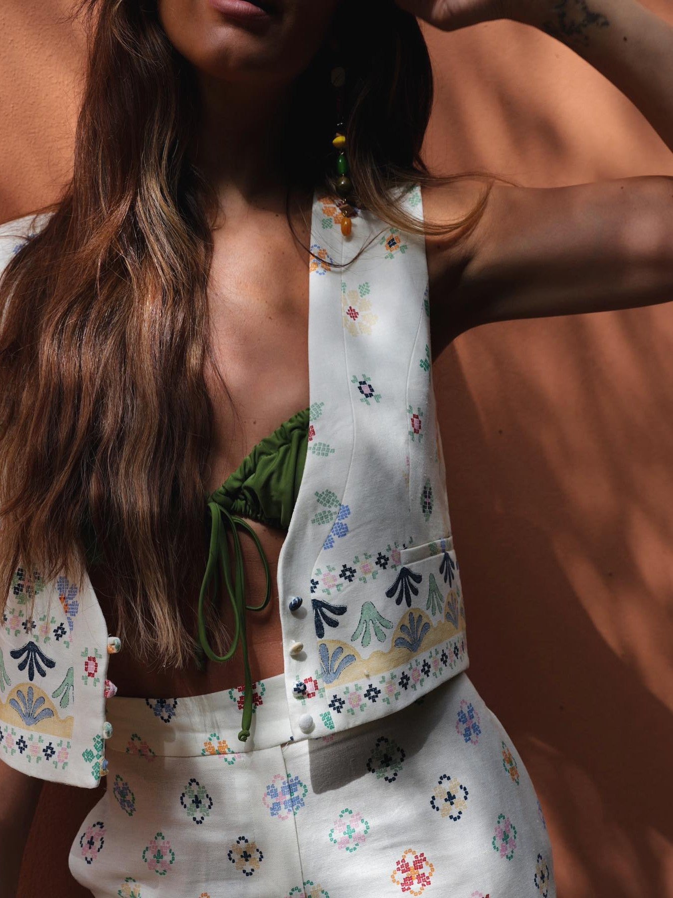 Printed Linen Blend Vest Waist Coat Top & Pants Coord Set