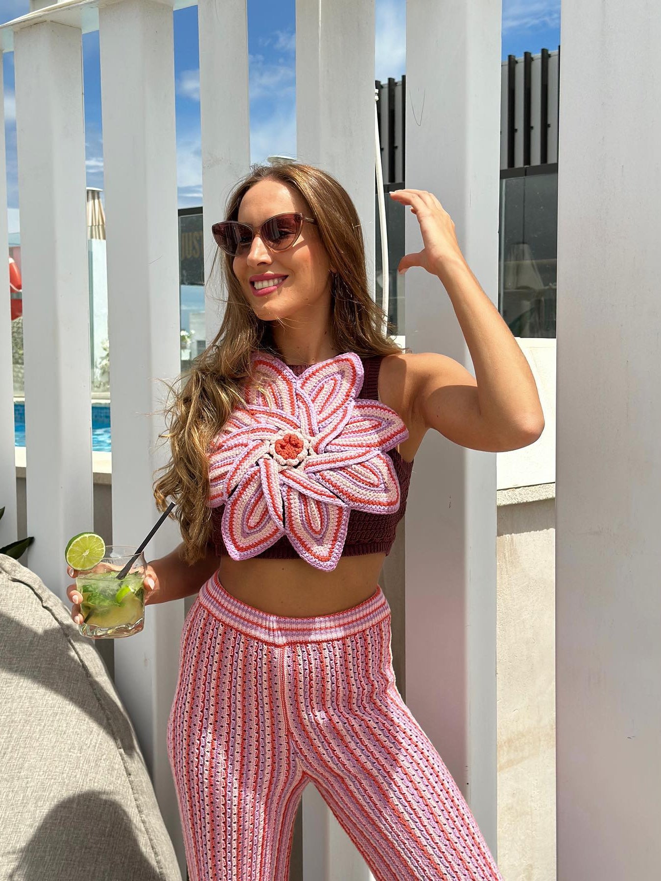 Knitted Applique Flower Top & Pants Set