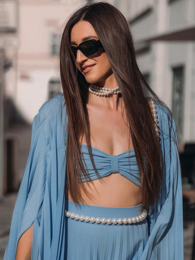 Pearl Koticim Bralette with Cape & Pants 3 Piece Set-Blue