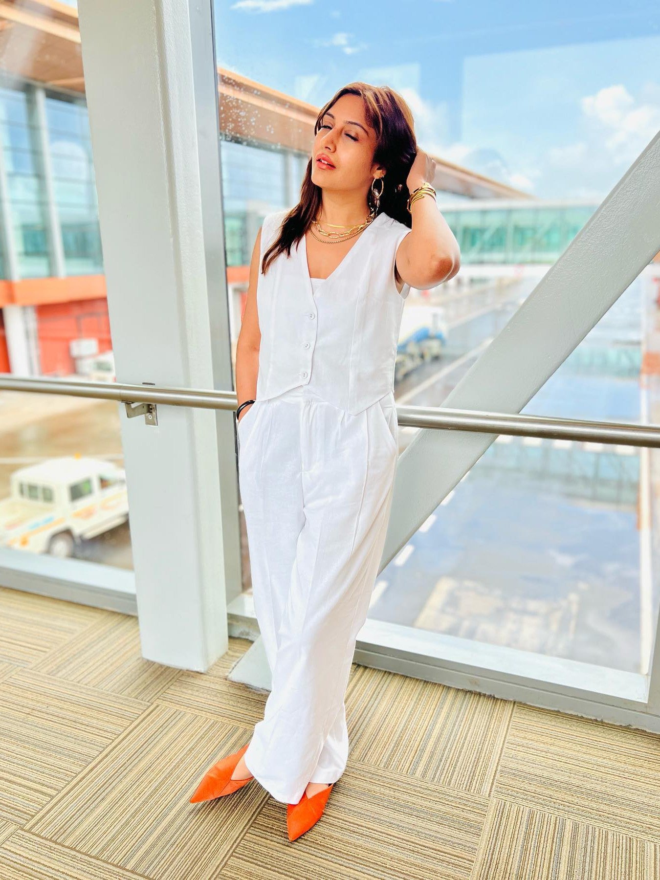 White Vest Waist Coat & Wide Leg Pants Coord Set