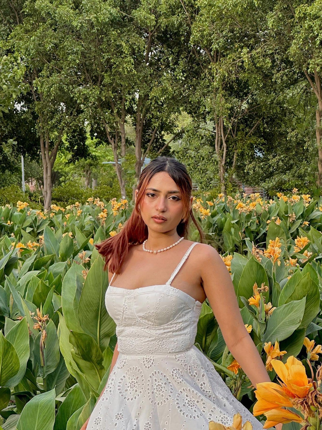 White Crochet High Waist A Line Dress