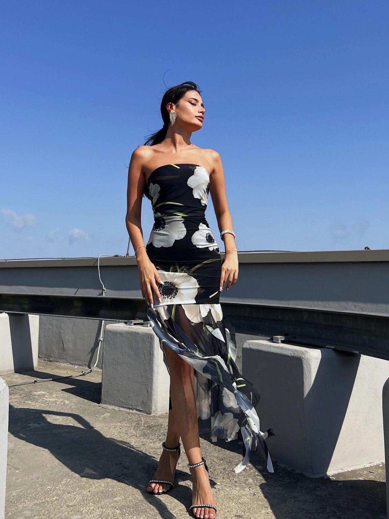 Tie Dye / Floral Print Tube Frill Dress