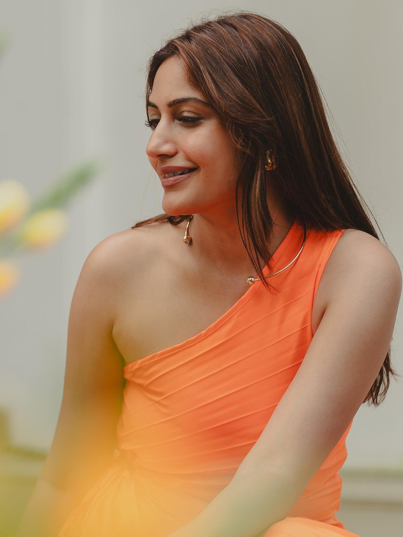 One Shoulder Sun Pleated Satin Dress - Orange