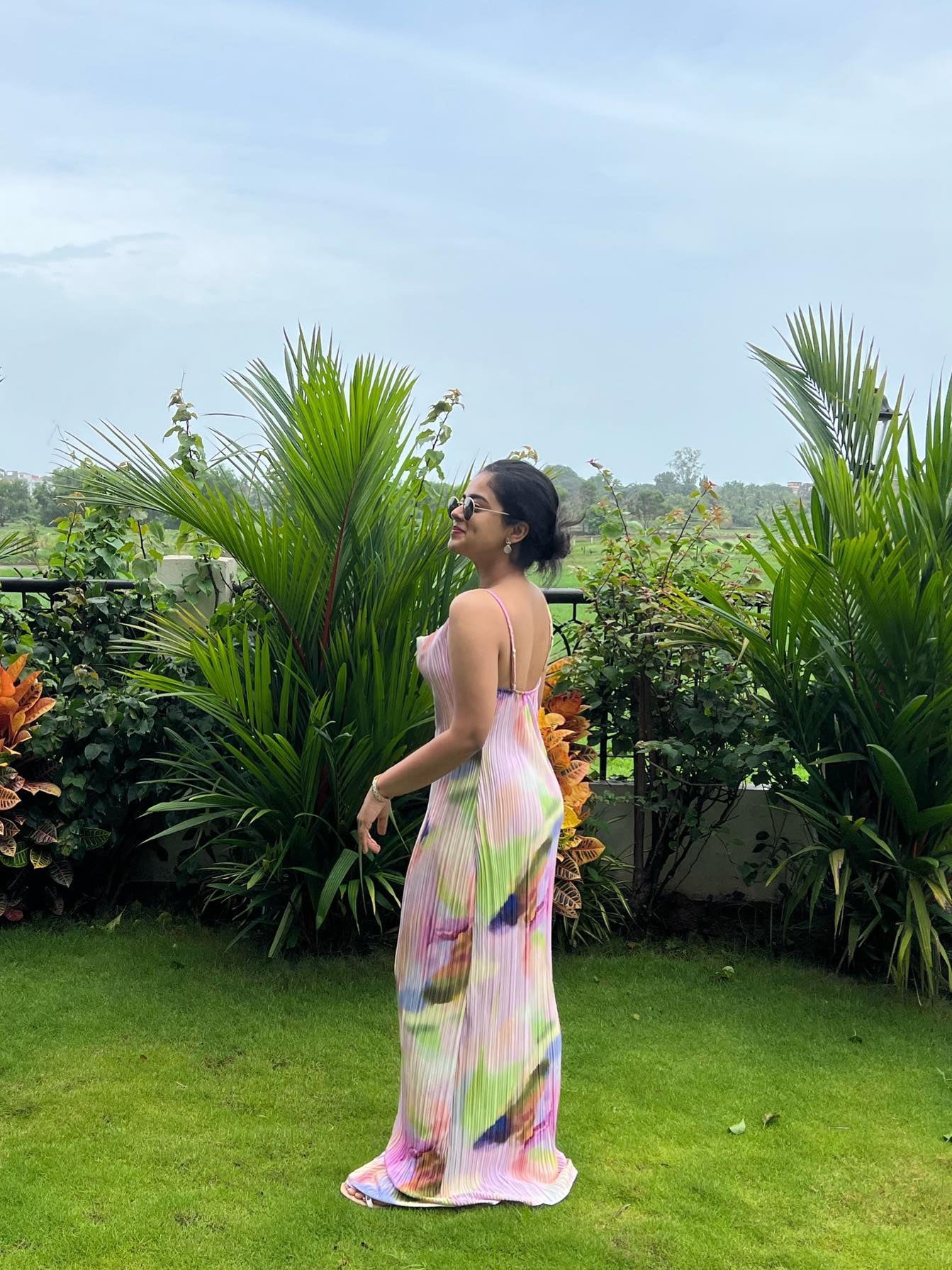 Spaghetti Strap Pleated Cowl Neck Maxi Dress