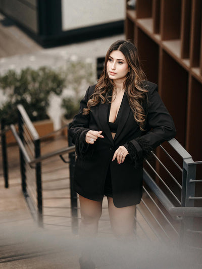 Black Feather Sleeves Blazer Dress