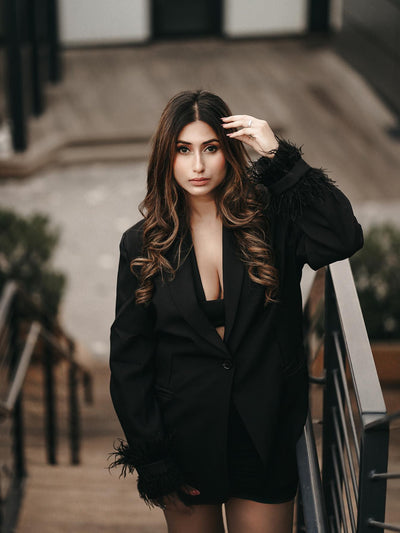 Black Feather Sleeves Blazer Dress