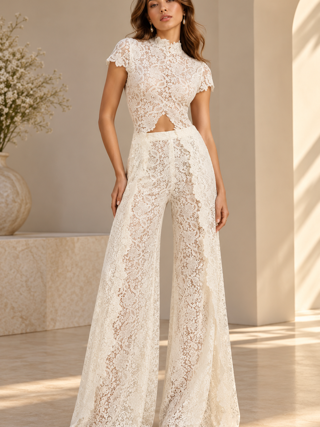 Celeste Lace Wide-Leg Co-ord Set, white lace two-piece with short-sleeve high-neck top and wide-leg pants