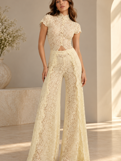 Celeste Lace Wide-Leg Co-ord Set in cream lace; two-piece outfit.
