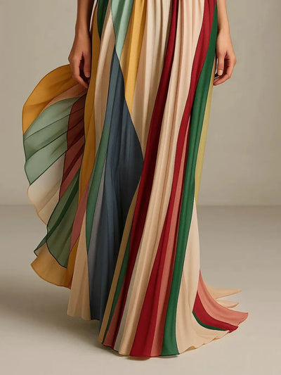 Rainbow pleated strapless tube maxi dress with multicolor stripes by EXCLUSIVES