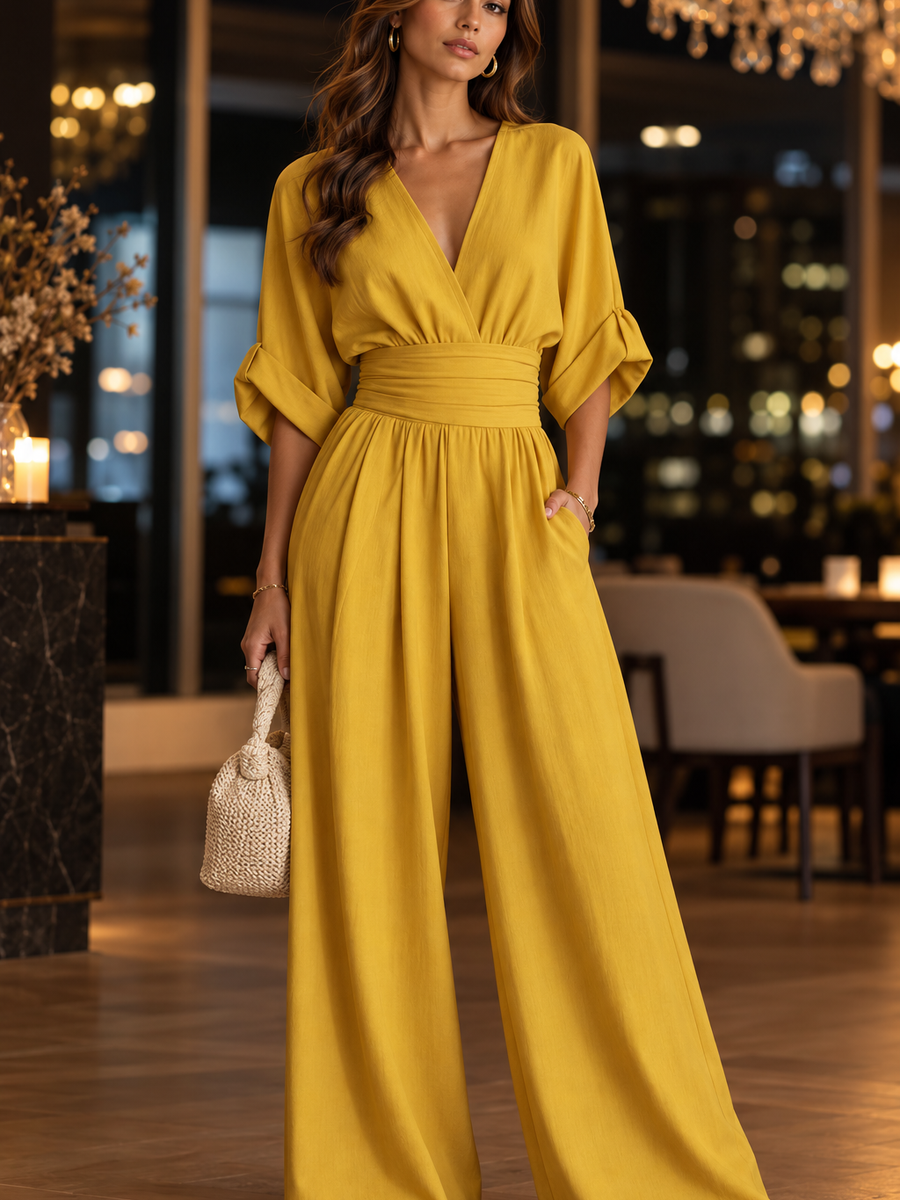 Jumpsuit Exclusives Serene Linen Belted Wide-Leg, mustard yellow, one-piece on sale