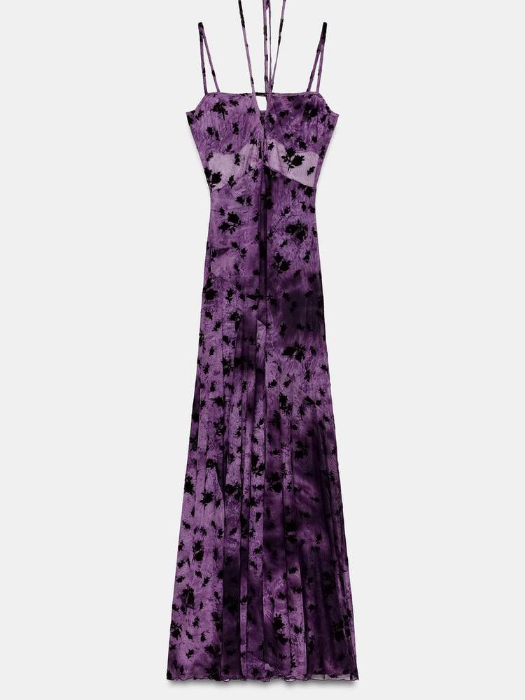 Midnight Bloom Mesh Maxi Dress by Exclusives in purple and black tie-dye with spaghetti straps