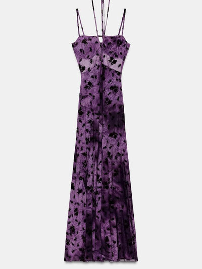 Midnight Bloom Mesh Maxi Dress by Exclusives in purple and black tie-dye with spaghetti straps