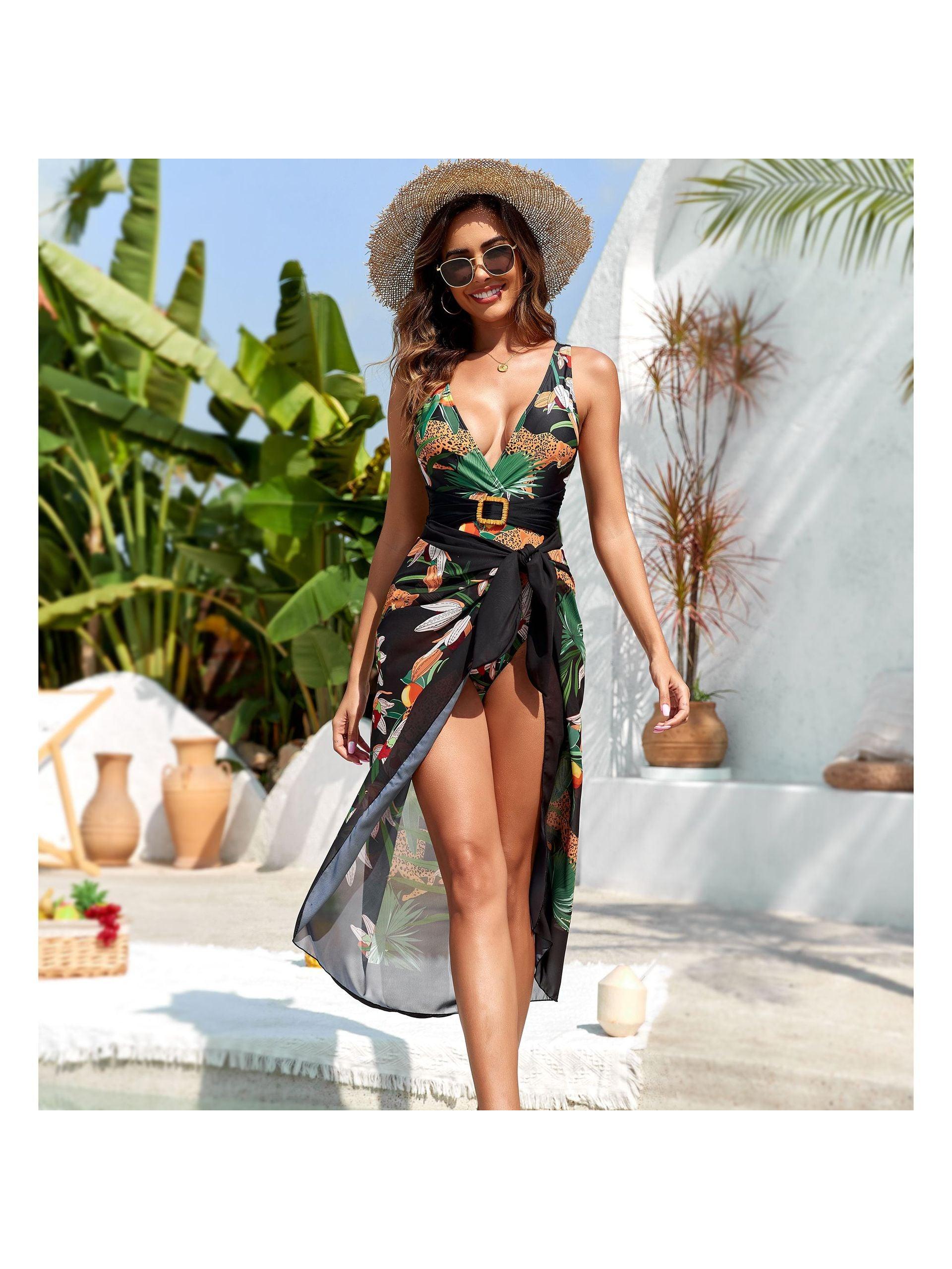 Tropical Belted Monokini & Sarong Swimsuit Set