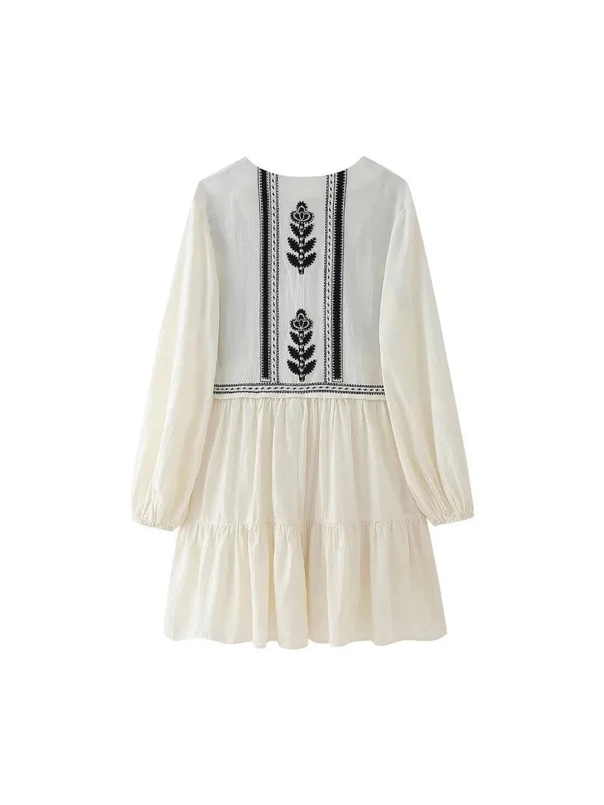 Floral Embroidred V Neck Mini Dress