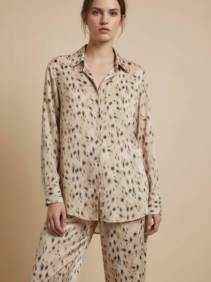 Exclusives Abstract Print Relaxed Shirt & Wide-Leg Trouser Set, beige animal-print 2-piece outfit.