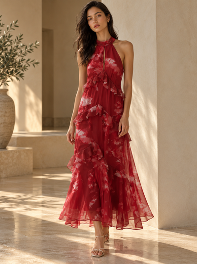 High Neck Ruffle Halter Maxi Dress in red with cascading ruffles, EXCLUSIVES dress