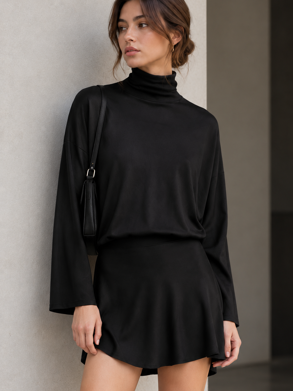 Sasha Scarf Mini Dress by EXCLUSIVES, black long-sleeve turtleneck mini dress on model