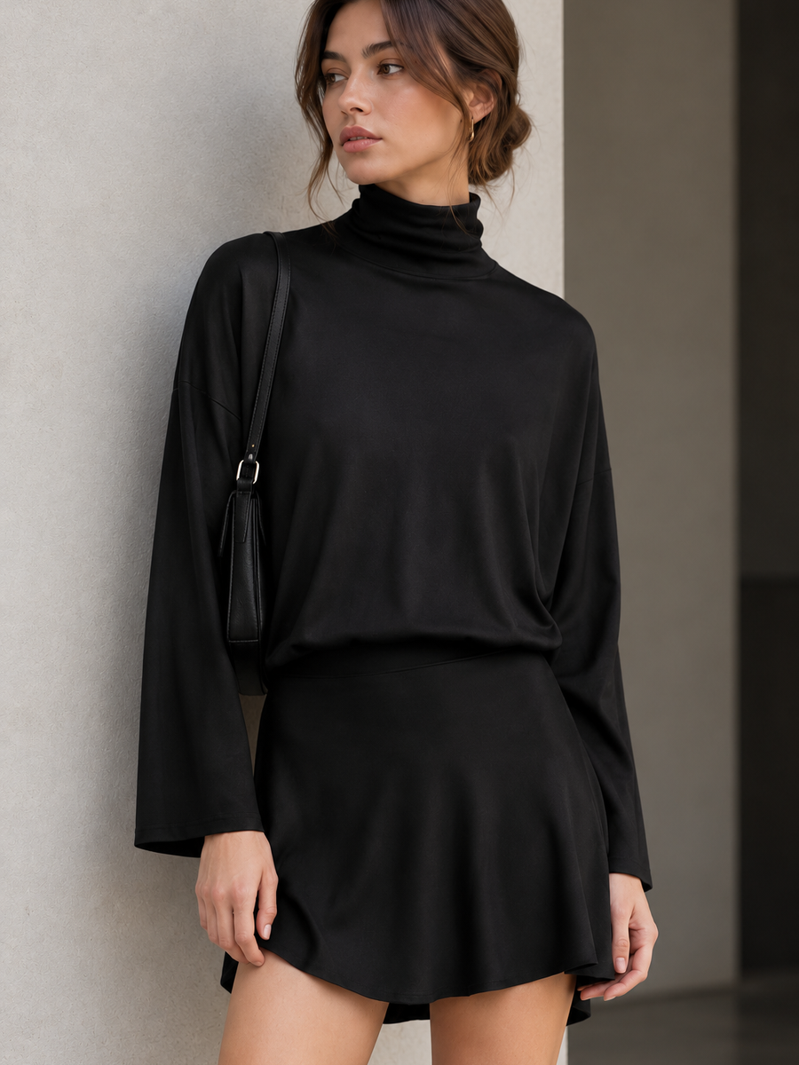 Sasha Scarf Mini Dress by EXCLUSIVES, black long-sleeve turtleneck mini dress on model