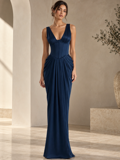 Celeste Sculpted Draped Maxi Dress in navy blue with corseted bodice and draped floor-length skirt