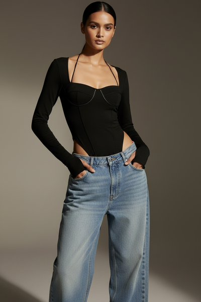 Cropped halter long sleeve bodysuit by Exclusives in black; on sale.