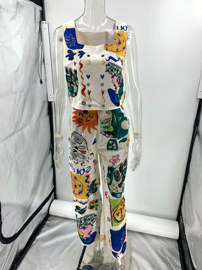 Abstract Print Wide Leg Pants & Vest Coord Set