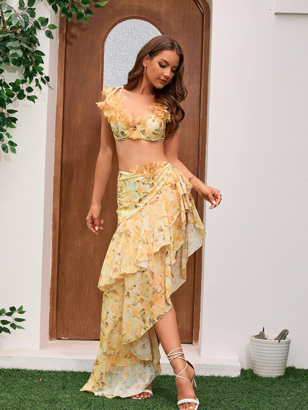 Floral Lace up Split High Waist Bikini Skirt Swimsuit Set