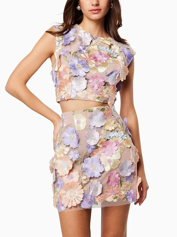 Applique Embroidered Crochet Crop Top & Skirt Coord Set