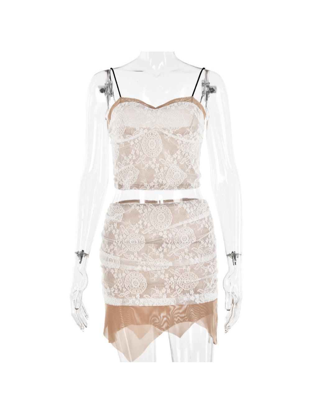 Backless Strap Tube Top Lace Stitching Coord Skirt Set