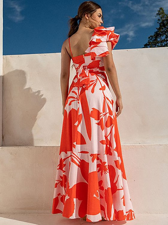 One Shoulder Ruffle Cutout Printed Swimsuit & Skirt Coord Set