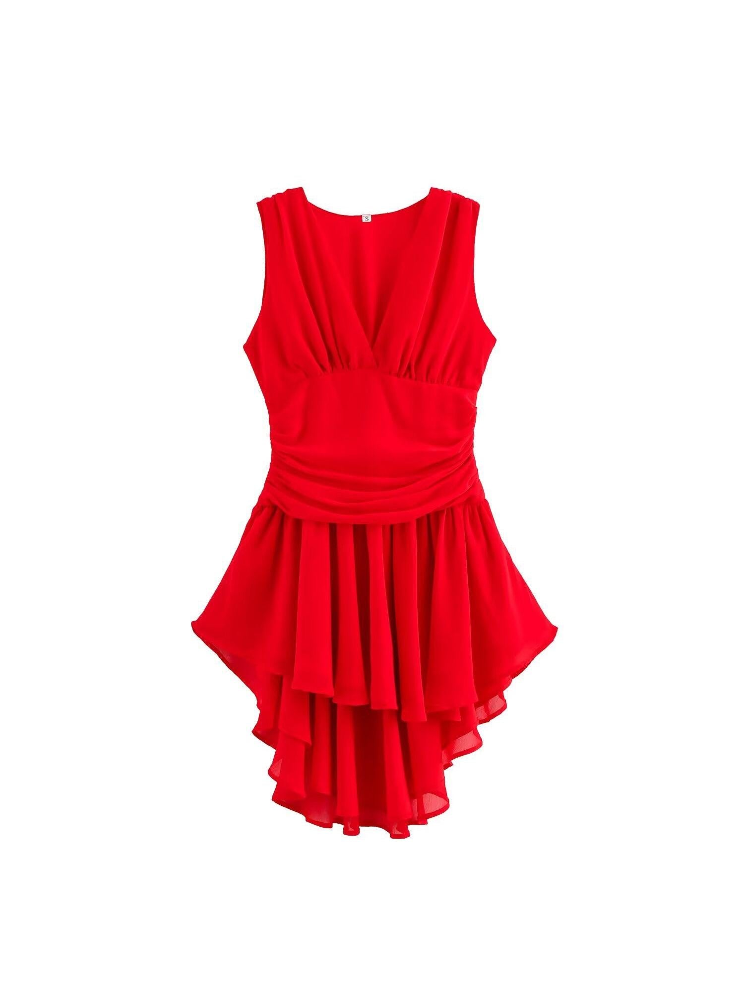 V Neck Sleeveless Ruffle Asymmetric Dress