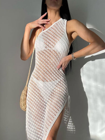 Knitted Hollow Out Split Beach Bikini Cover up See through Maxi