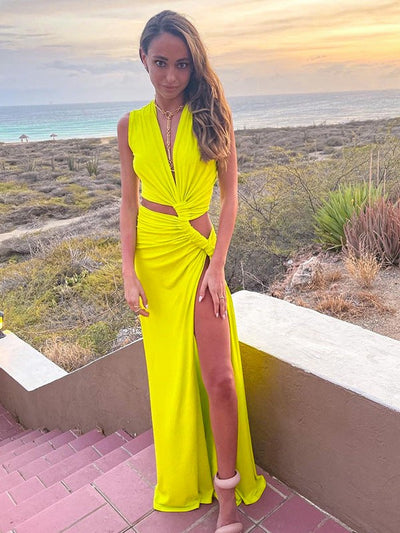 Deep V Neck Hollow Out Cutout Out Slit Slim Maxi Dress