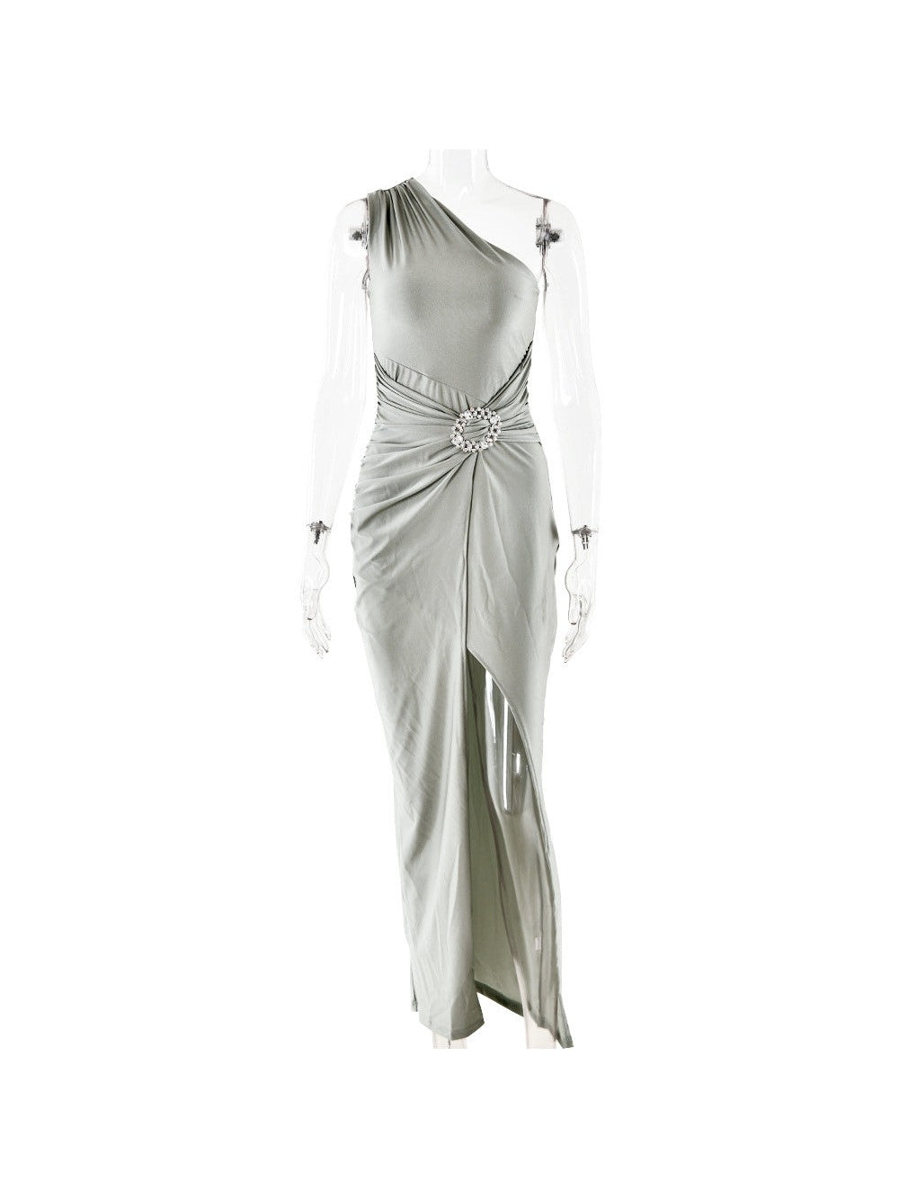 One Shoulder Sleeveless High Slit Buckle Maxi Dress One Shoulder Sleeveless High Slit Buckle Maxi Dress