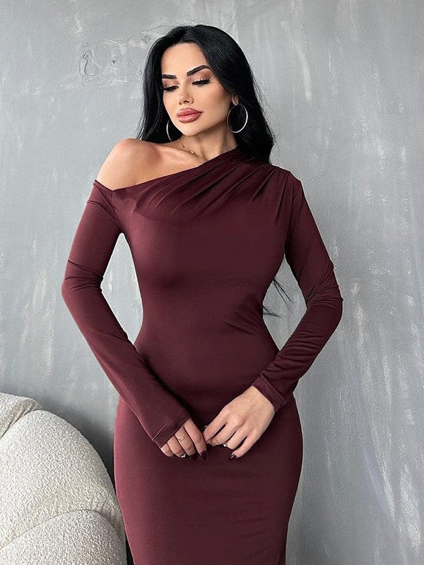 Burgundy One Shoulder High Waist Dress Asymmetric Dress