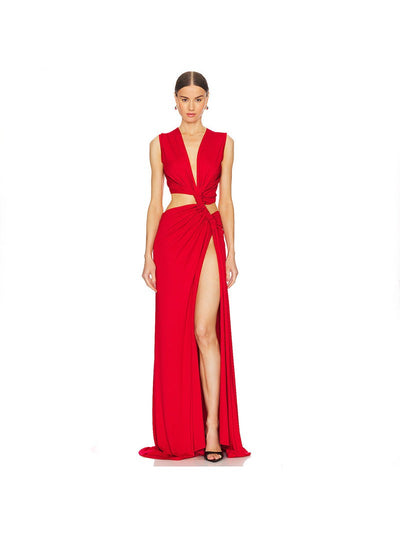 Deep V Neck Hollow Out Cutout Out Slit Slim Maxi Dress