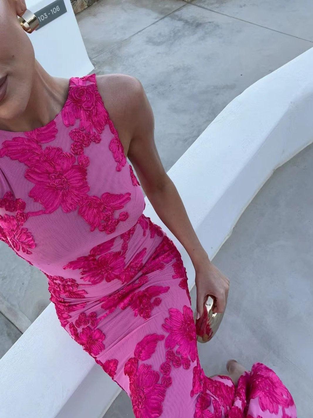 Pink Mesh 3D Applique Plate Floral Sheath Dress