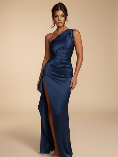 One-Shoulder Pleated Split Satin Dress by EXCLUSIVES in navy with thigh-high slit