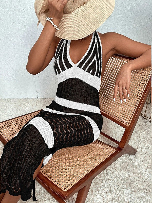 V neck Halter Knitted Striped Bikini Swimsuit Beach Dress