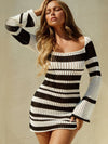 Contrast Color U Collar Sexy Hollow Out Knitted Dress