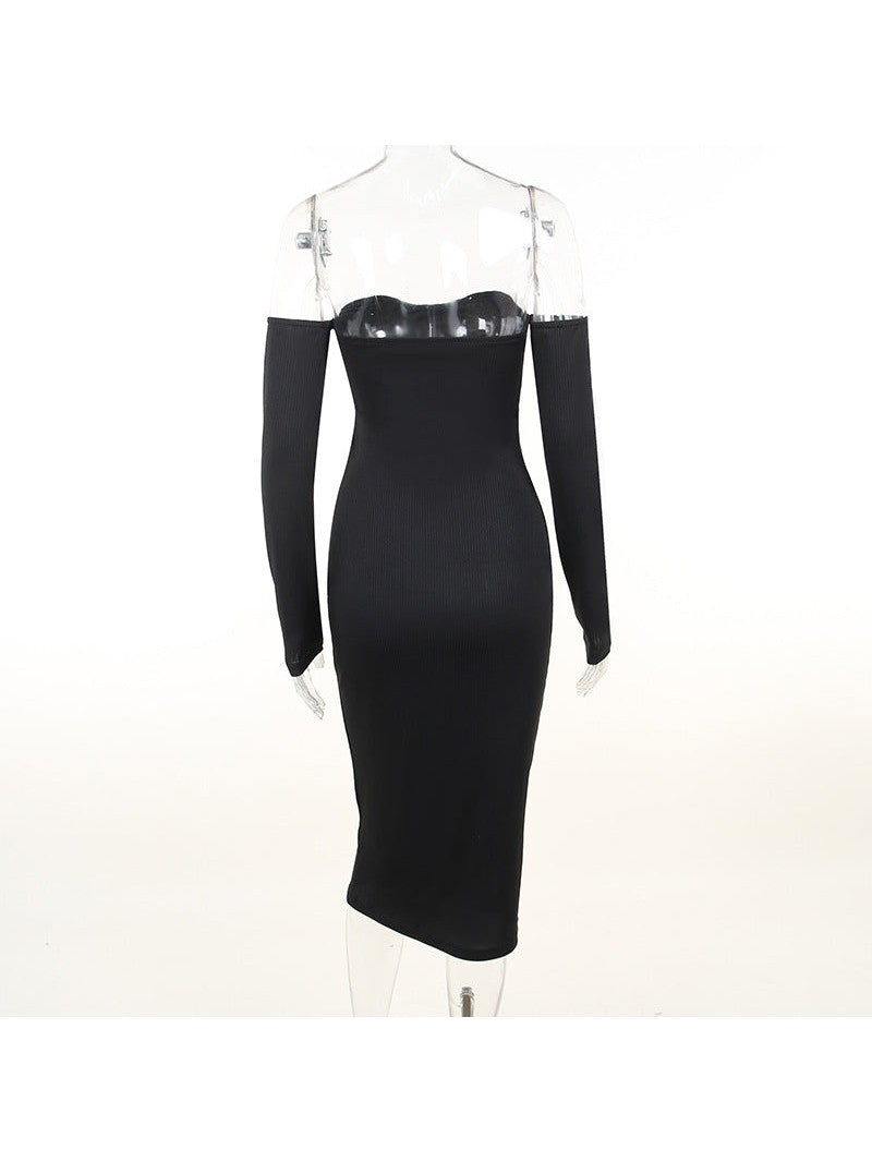 Knitted Off Shoulder Long Sleeve Tube Top Dress