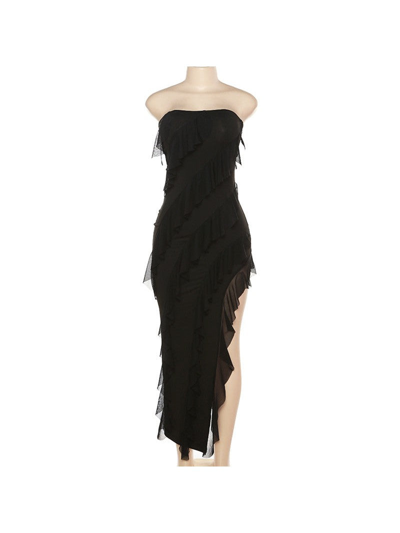Tube Top Backless Slit Tassel Ruffle Dress