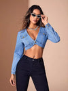 V Neck Asymmetric Crop Denim Top