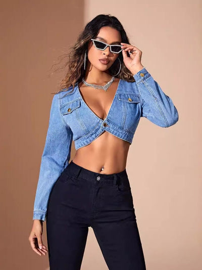 V Neck Asymmetric Crop Denim Top