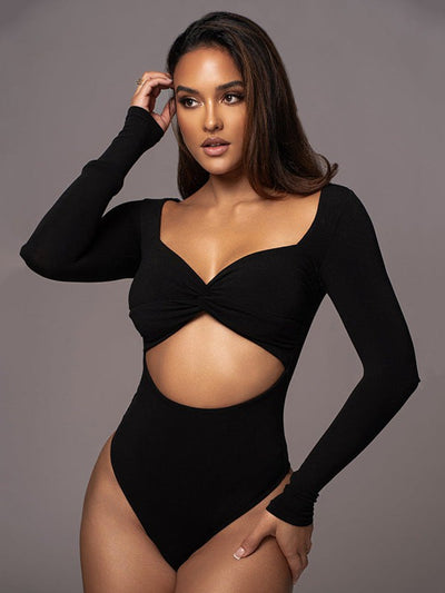 V Neck Long Sleeve Hollow Out Cutout Cropped Bodysuit