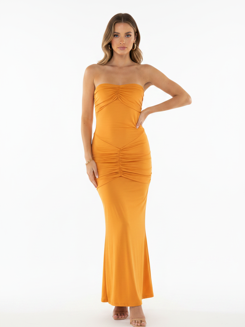 Strapless orange maxi sheath dress by Exclusives with ruched bodice