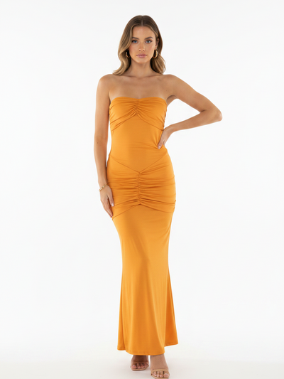 Strapless orange maxi sheath dress by Exclusives with ruched bodice