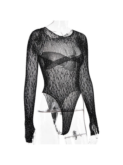 See Through Knitted Sheer Long Sleeve Rhinestone Bodysuit Top