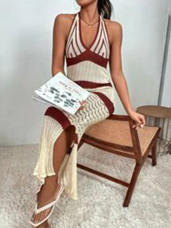 V neck Halter Knitted Striped Bikini Swimsuit Beach Dress